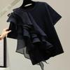 Black Crew Neck Short Sleeve Asymmetric Ruffle T Shirt for Women