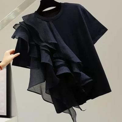 Black Crew Neck Short Sleeve Asymmetric Ruffle T Shirt for Women