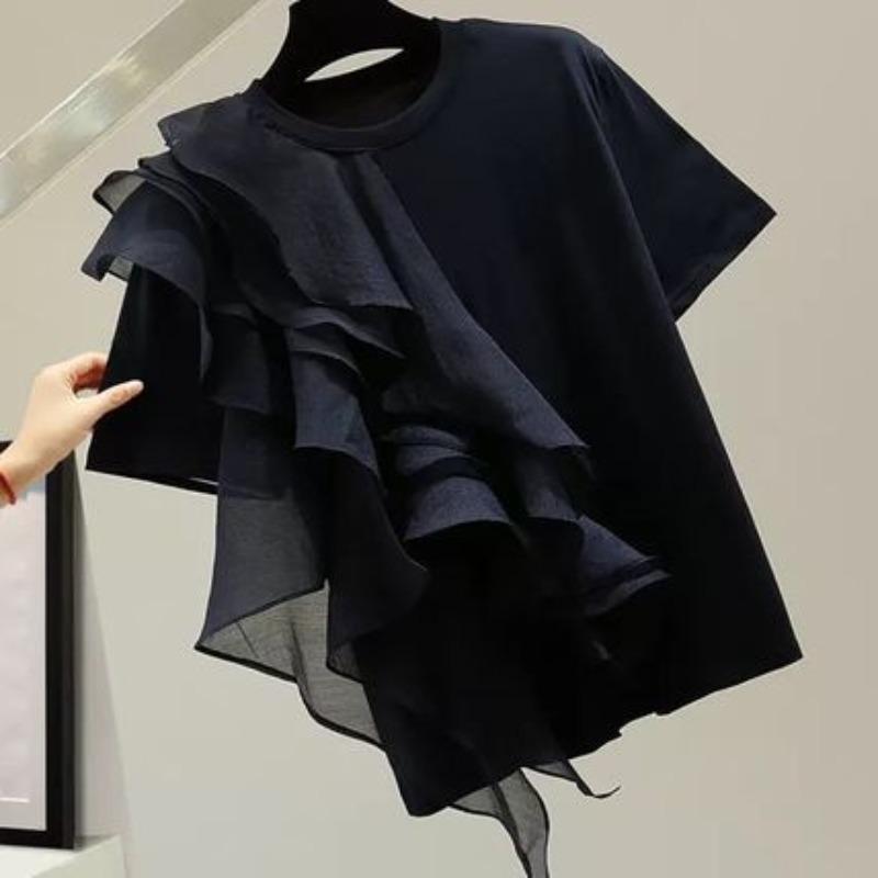 black crew neck short sleeve asymmetric ruffle t shirt for women S чёрный