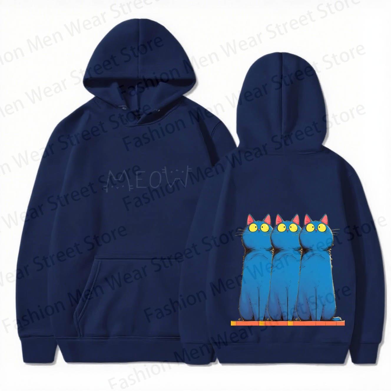 

Men s Cotton Hoodie For Autumn And Winter With Cute MEOW Lettering And Three Blue Cats Graphic For Casual Daily Wear 3XL