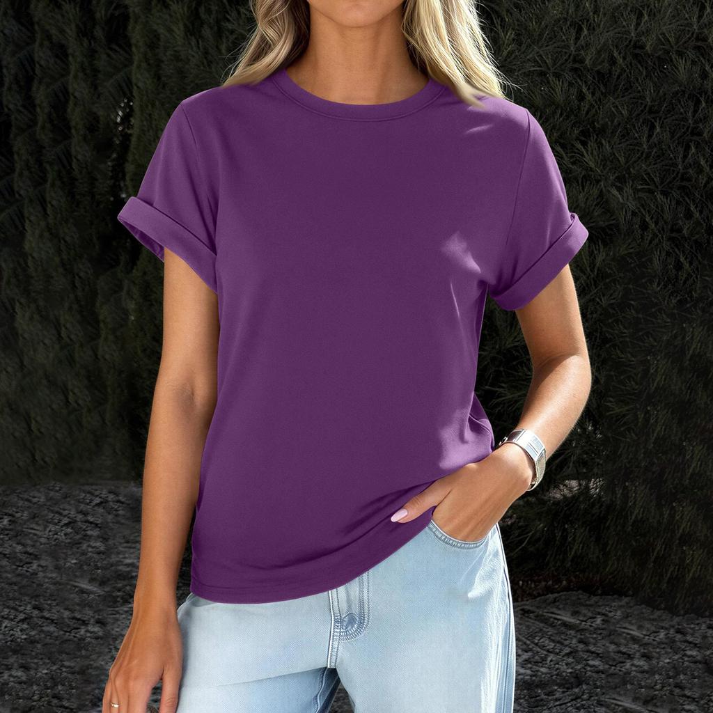 Womens  Casual Rolled Short Sleeve Basic Tees Fashion Tops