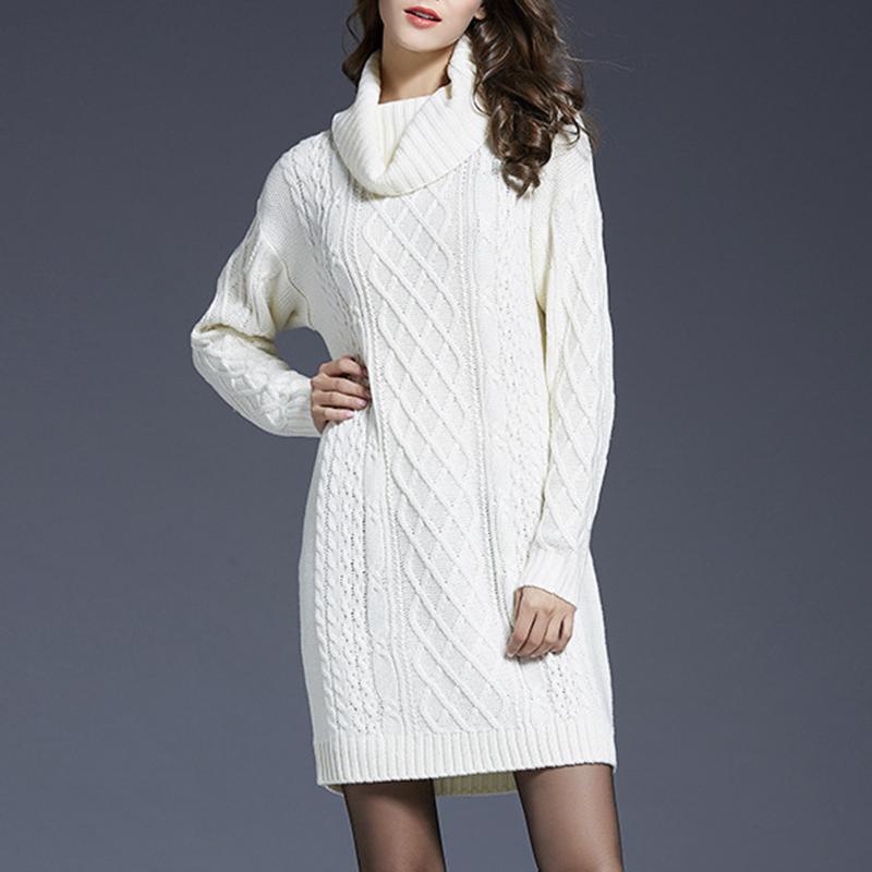 Autumn and Winter Women Casual Knitted Long Sleeve Winter Dresses Sweater Solid Knee Length Loose Fat Female Dresses