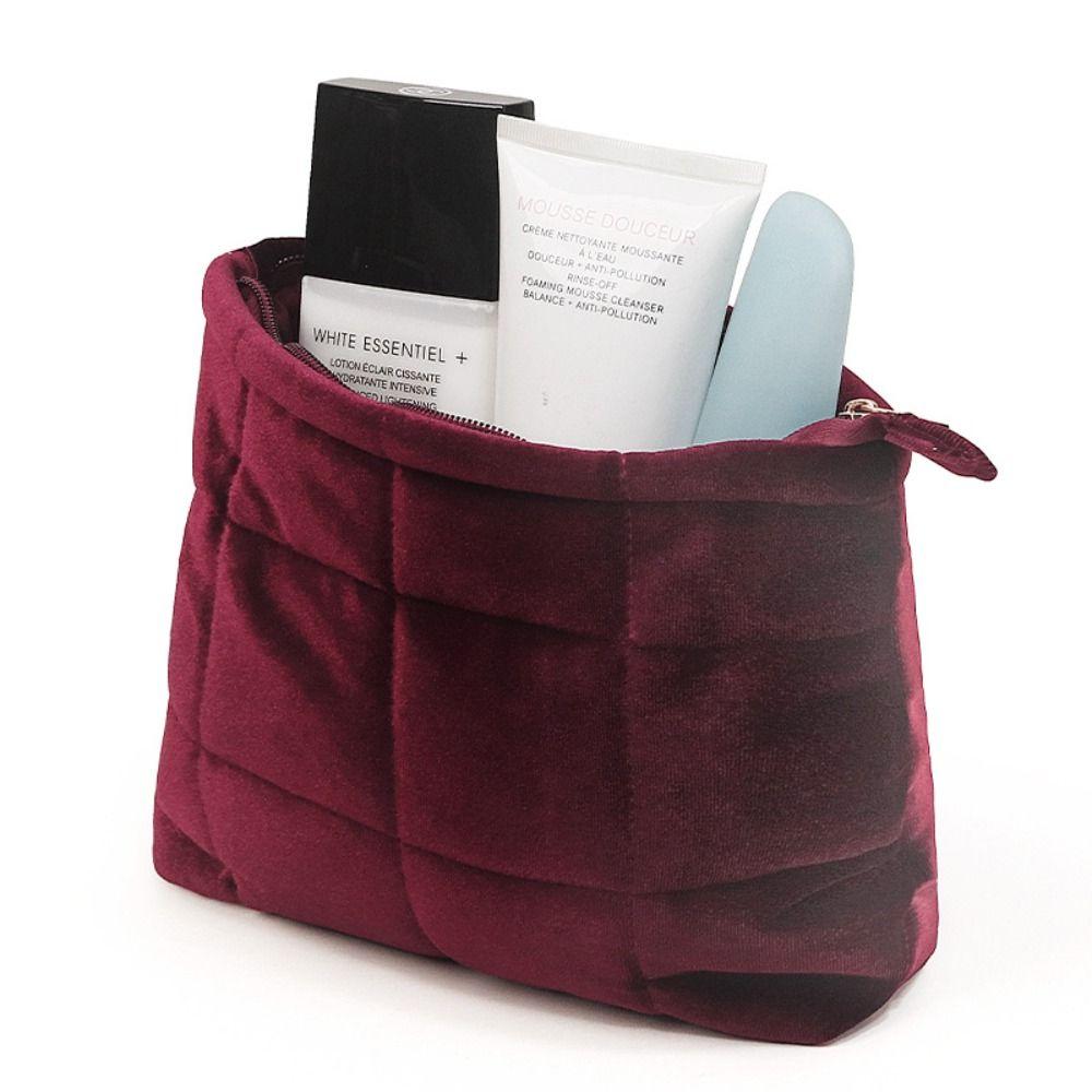 Fashion Velvet Cosmetic Bag Solid Color Large Capacity Quilted Storage Bag Lightweight Zipper Travel Toiletry Bag