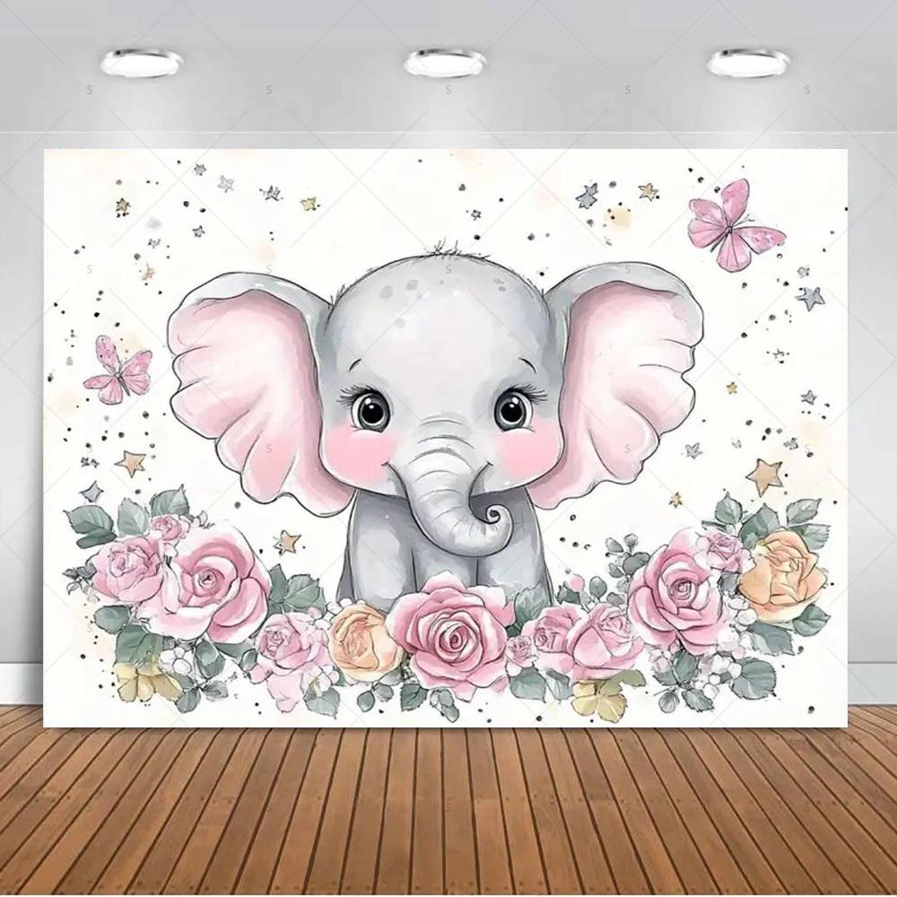 Cartoon Elephant Flower Photography Backdrop Kids Birthday Party Decor Background Baby Shower Supplies Newborn Photo Shoot Props