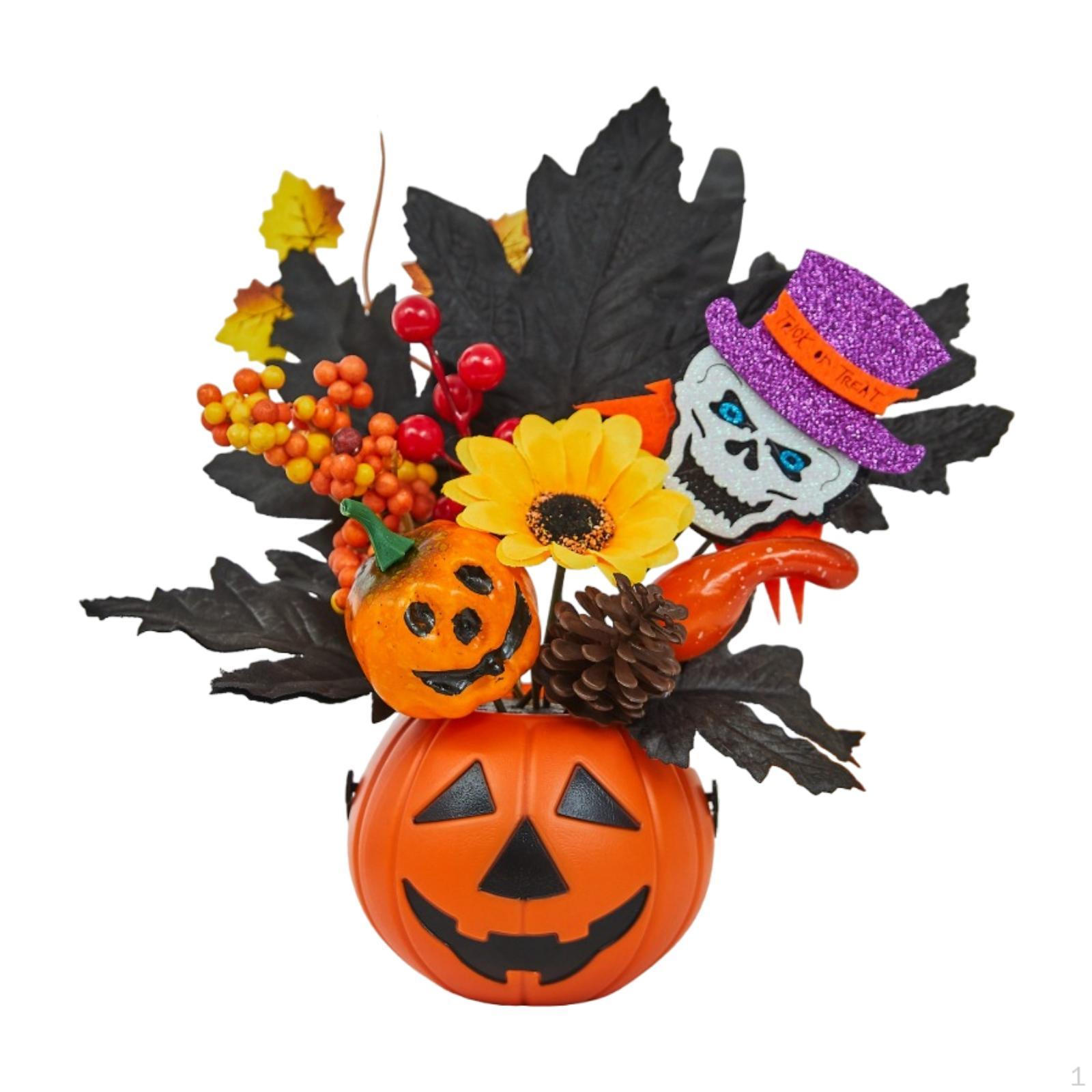 

Искусственная тыква, украшение на Хэллоуин, центральный элемент стола, кленовые листья, цветы бакка на осень with Skull