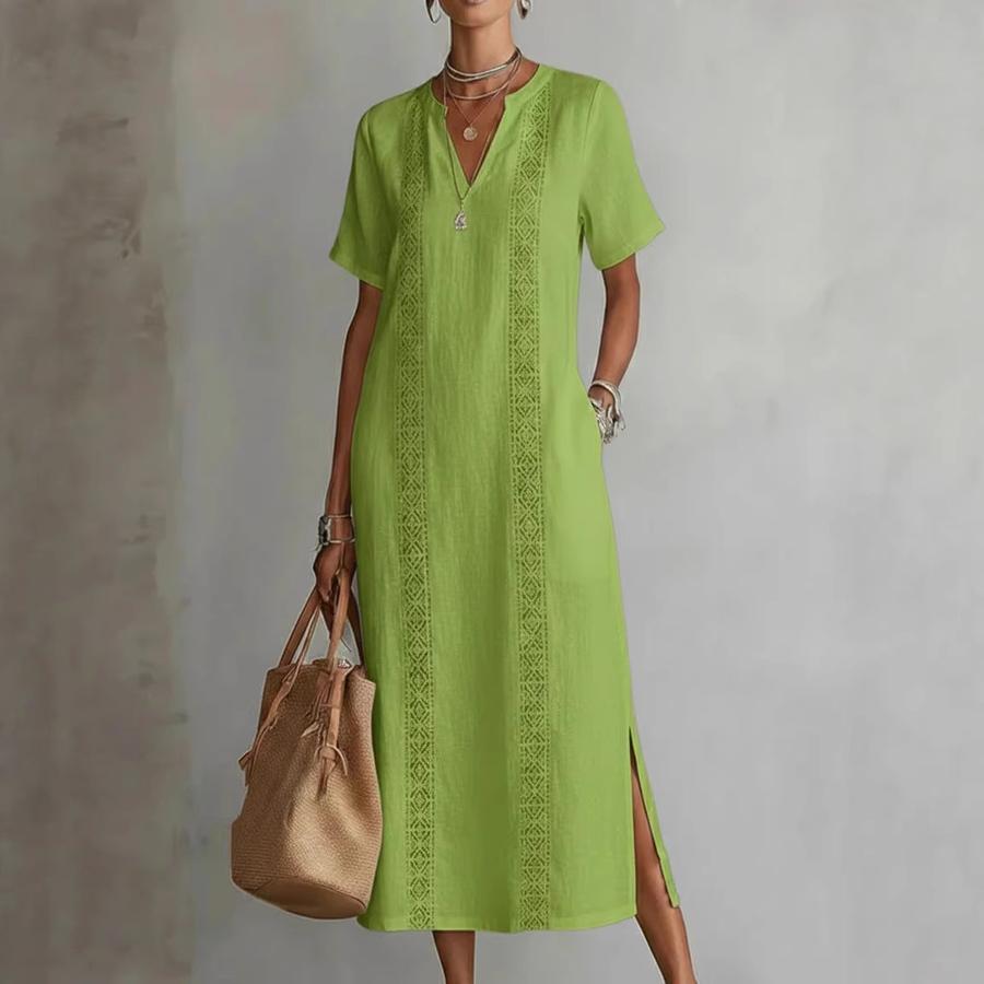 Vintage Comfortable Hollow Lace V-Neck Loose Cotton Linen Dress for Women