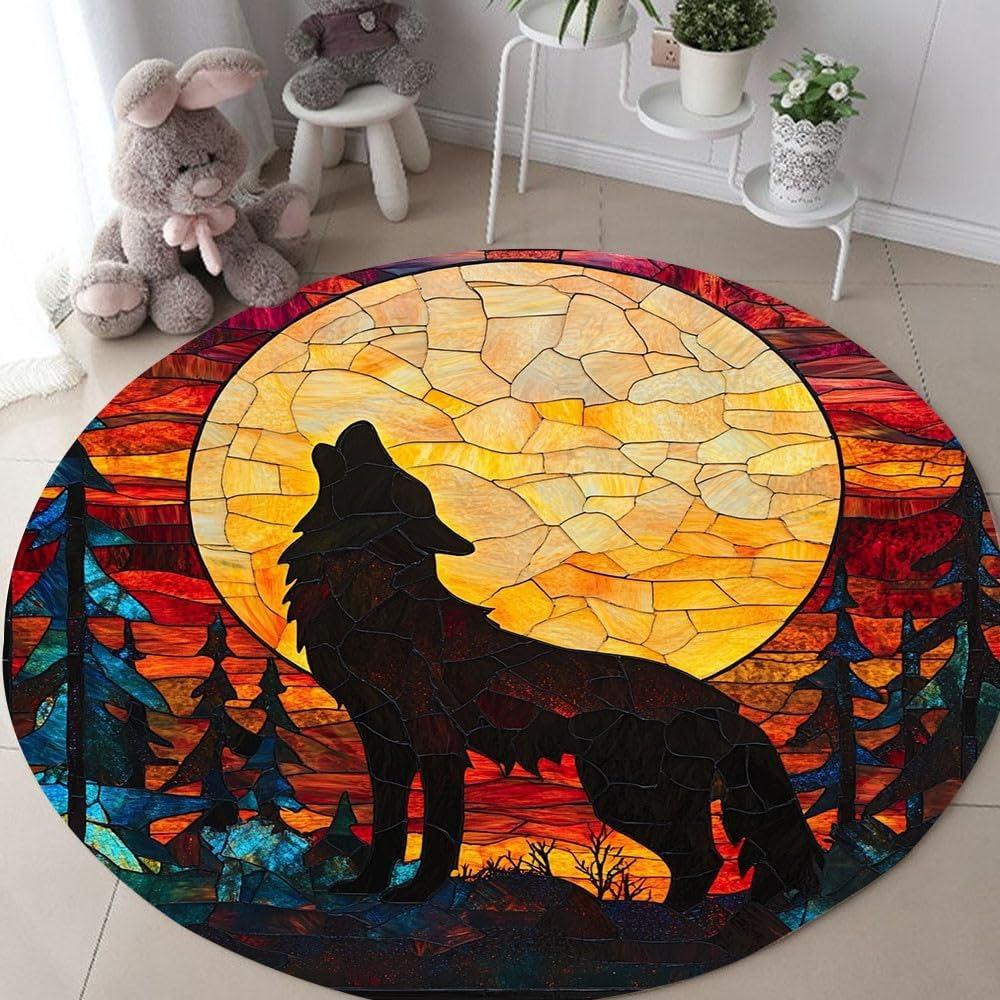 Stained Glass Wolf Howling Round Carpet Wolf Silhouette Art Non-Slip Floor Decor Mat for Living Room Bedroom Home Decor Rug