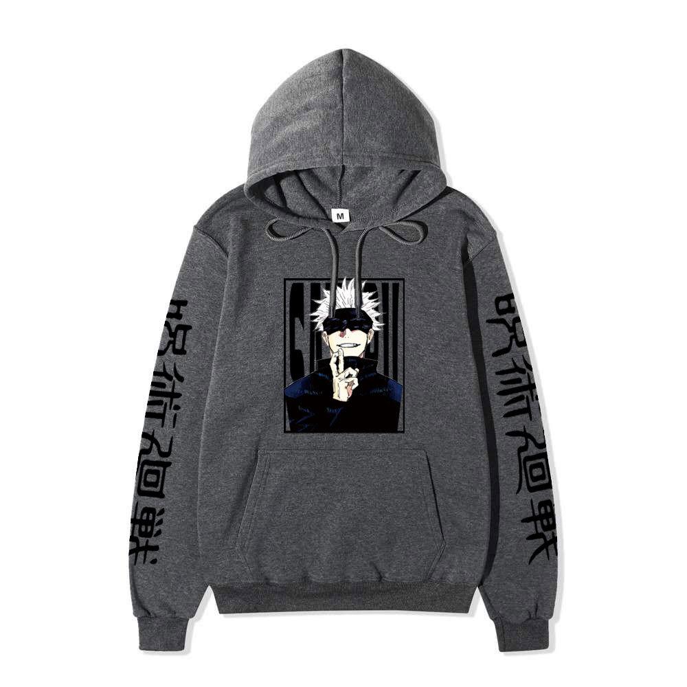 Jujutsu Kaisen Satoru Gojo Unisex Fleece Hoodie Autumn Winter Anime Character Japanese Kanji Sleeve Print Long Sleeve Pullover Sweatshirt