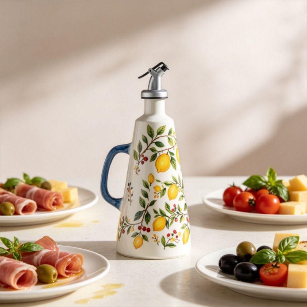 Automatic Pouring Ceramic Oil Bottle Cone-shaped Floral Olive Oil Dispenser Lemon Pattern with Handle