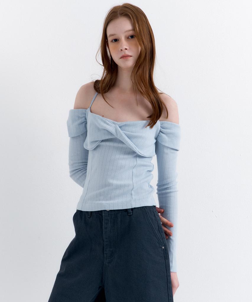 RAVEROUS Shirred Off-Shoulder T-Shirt Sky Blue
