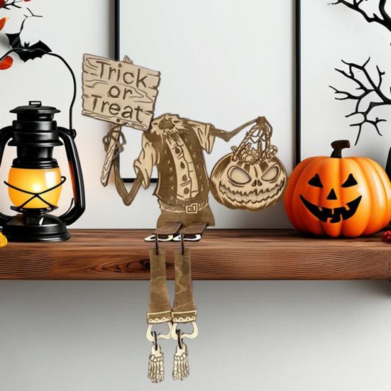 Articulated Pumpkin Man Halloween Decoration Spooky Wooden Pumpkin Skeleton Tabletop Ornament for DIY Home Office Decor
