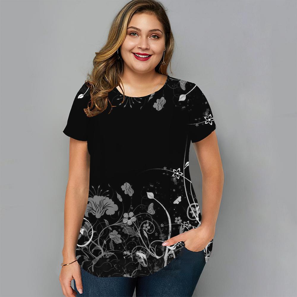 Summer Round Neck Floral Graphic 3D Print Top Fashionable Casual Short Sleeved Plus Size Women's T-shirts
