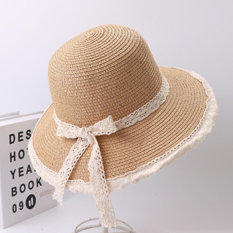 Solid Color Straw Hat for Women Fashion Lace Bow Wide Brim Travel Beach Sunshade Fisherman Cap Girls Outdoor Dome Basin Hat