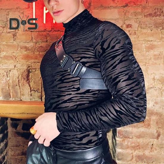 

Осенне-весенний мужской топ из прозрачной сетки с принтом зебровой текстуры, тонкая эластичная рубашка с высоким воротником и длинными рукавами для клубной вечеринки S чёрный