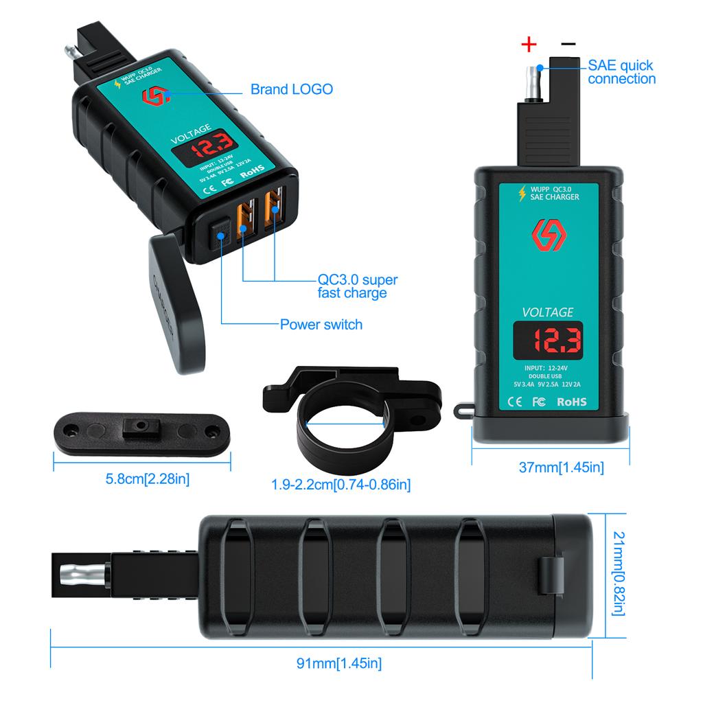 SAE USB Adapter, Waterproof Quick Disconnect Motorcycle Phone Charger Dual USB QC3.0, Fast Charging with Voltmeter/on/Off Switch