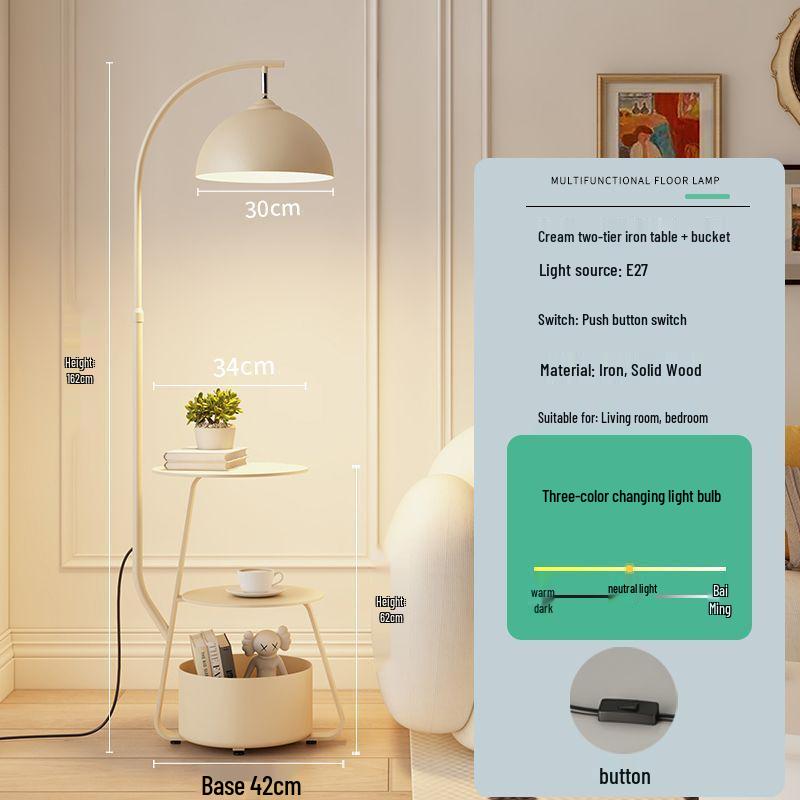 Mid-Century Cream Corner Sofa Floor Lamp and Bedside Table with Integrated Wireless Charging.