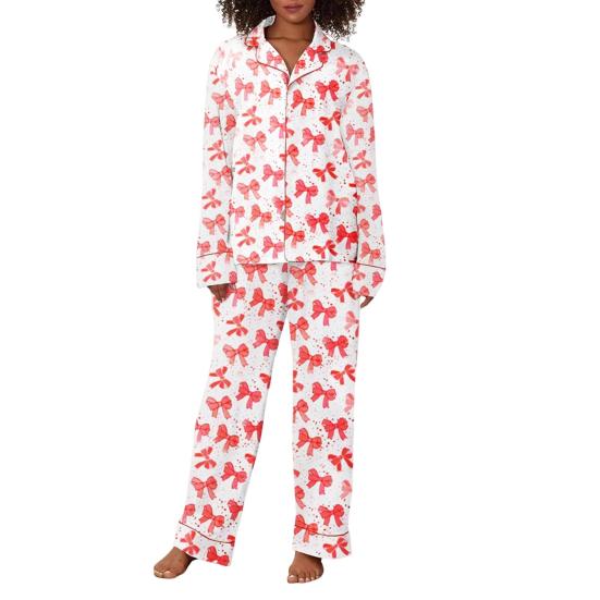 2 Stück/Set Valentinstag Pyjama Schleifendruck Revers Knopfleiste Langarmhemd