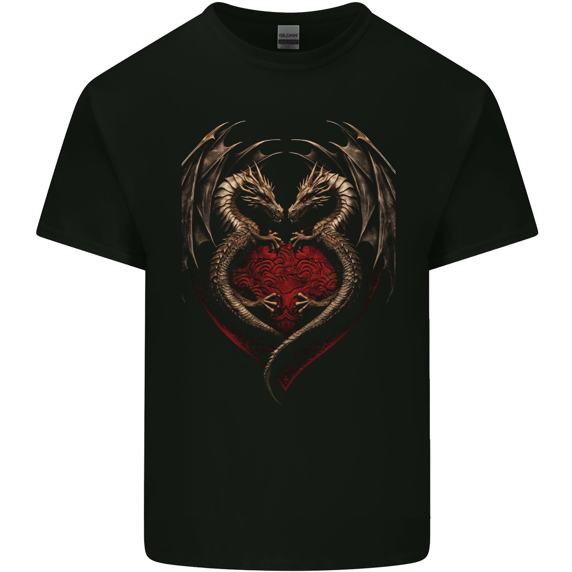 2 Fantasy Dragons in a Heart Shape Gothic Goth Unisexs Light Cotton TShirt S
