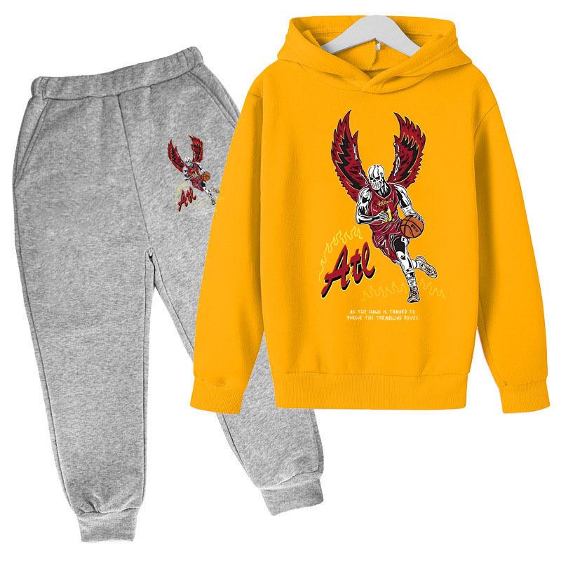 Herbst Winter Atlanta Hawks "As the Hawk Travels" Skelett Bedruckte Hoodies Sweatpants Set Lässig Warm Sport Langarmhose Herren Sportbekleidung