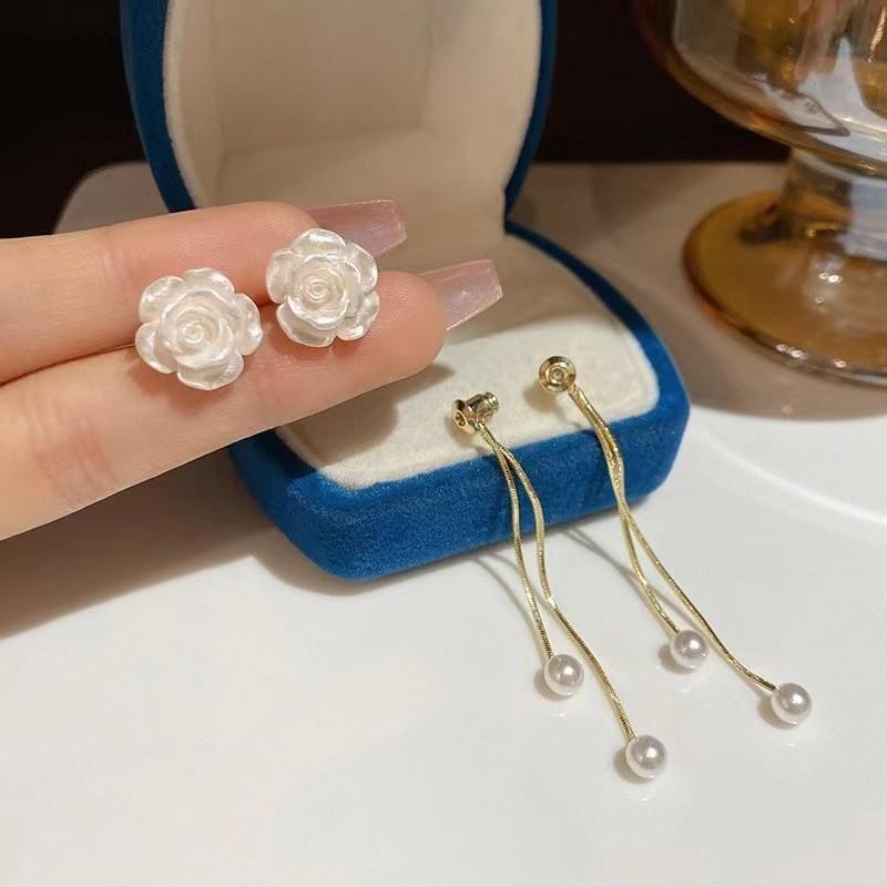 Silver Needle White Camellia Tassel Earrings Women's Niche Design Pearl Pendant Premium Light Luxury Temperament Earrings
