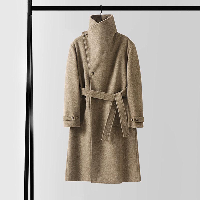 Men's Asymmetrical Long Cashmere Coat with Stand Collar and Belt - Plus Size, Loose Fit Outerwear for Autumn and Winter.