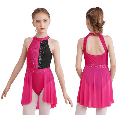 Vestido de patinação artística infantil para meninas, sem mangas, com strass, vestido de patinação, malha de ginástica, balé, traje de dança lírica