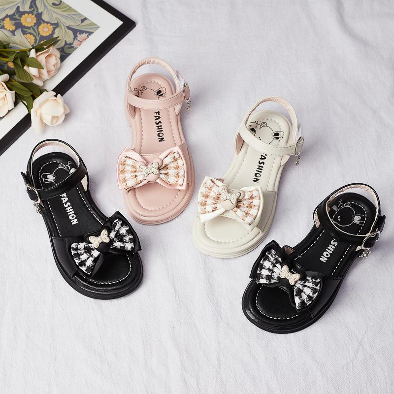 2024 New Summer Girls Sandals Fashion Kids Open-toe Bow Elegant Hook & Loop Children Casual Party Wedding Performance Shoes PU