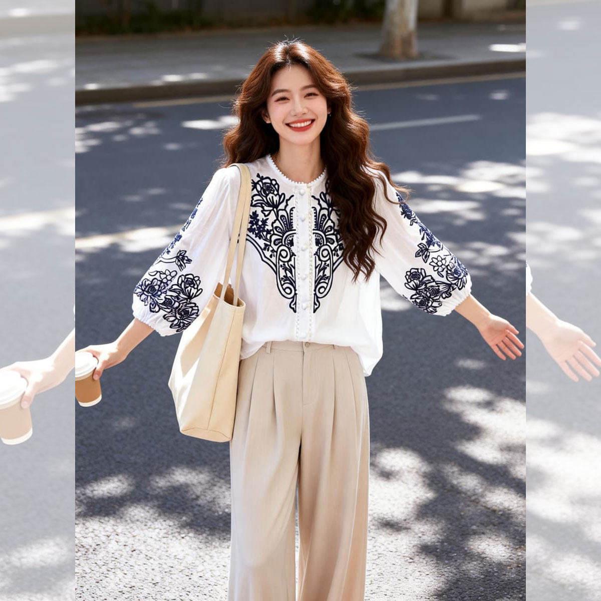 

Women s Floral Embroidered Loose-Fit Shirt - Trendy and Casual, New Chinese Style for Spring and Autumn. XL белый