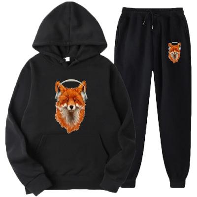 Ensemble de survêtement pour hommes et femmes, imprimé renard Musical souriant, sweat à capuche décontracté + pantalon, ensemble 2 pièces, pull surdimensionné, vêtements unisexes à la mode