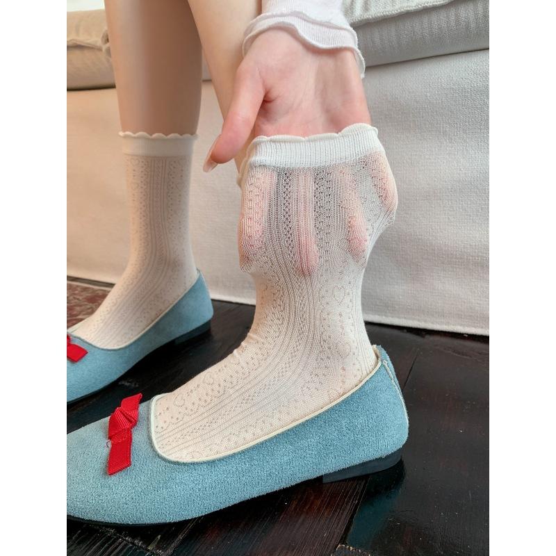 Lace Trim Patterned Socks for Children, Hollowed-out Thin Cotton, Versatile Mesh Without Bones, High-topped Pile-up Socks