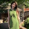 Elegant French Green Sleeveless Summer Dress: Mori Girl Style with Waist-Cinching Bell-Shaped Skirt