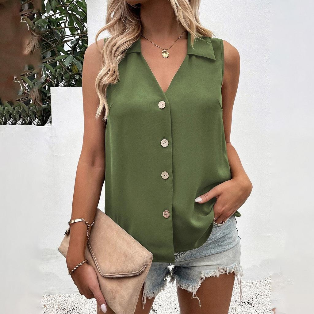 Fashionable Women's V-neck Loose Chiffon Shirt Sleevelessbutton Shirt