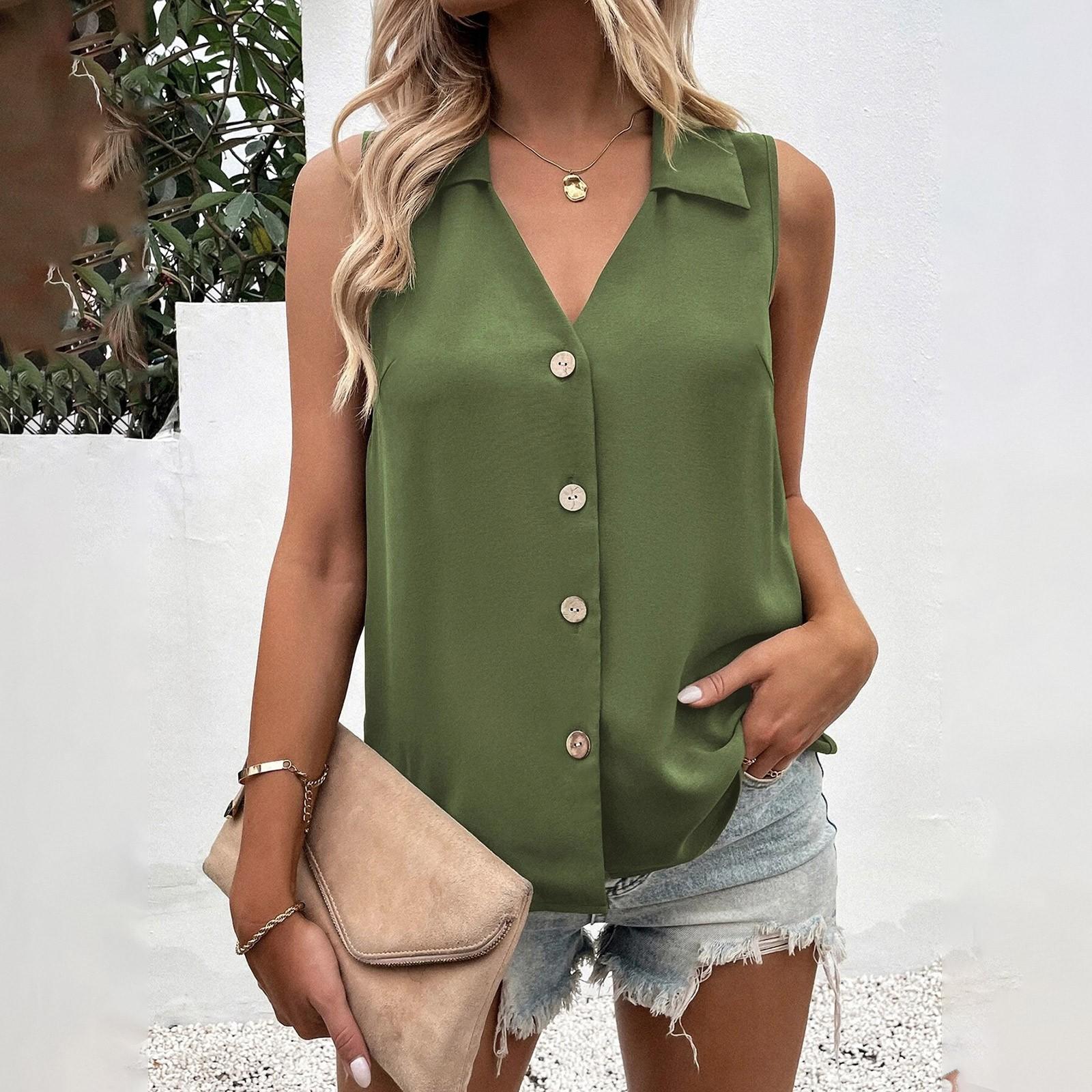 

Fashionable Women s V-neck Loose Chiffon Shirt Sleevelessbutton Shirt L армія зелений колір
