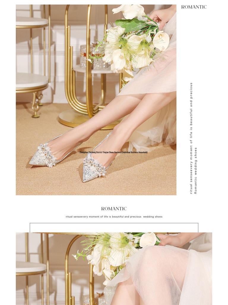 Brudens & Brudtärnornas 2025 Spetsiga Bröllopsskor - Franska Kristallhögklackade för Bröllop & Vardagsbruk