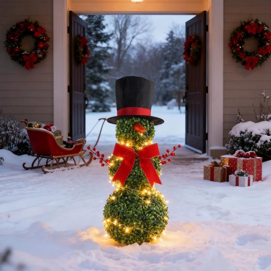 Christmas Snowman Topiary 31" Artificial Snowman Shaped Topiary Tree with Red Bow Santa Hat Faux Boxwood Topiary for Home Front Porch Garden Decor