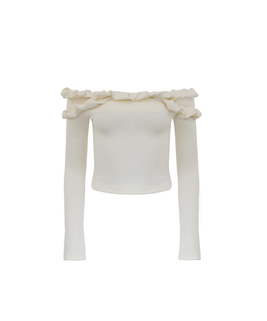 Odeuwonaus Twist Frill Off-Shoulder Top Ivory