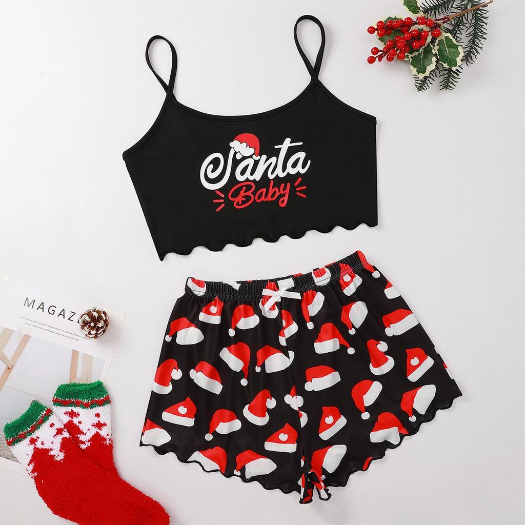 Christmas Style Milk Silk Camisole and Shorts Two-Piece Pajama Set
