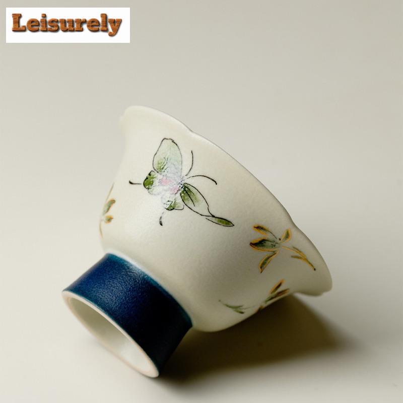 2pc/lot Butterfly Orchid High Foot Teacup Ancient Tea Bowl Jug Tea-tasting Personal Cup Jianzhan Master Cups Tea Ceremony 30ml