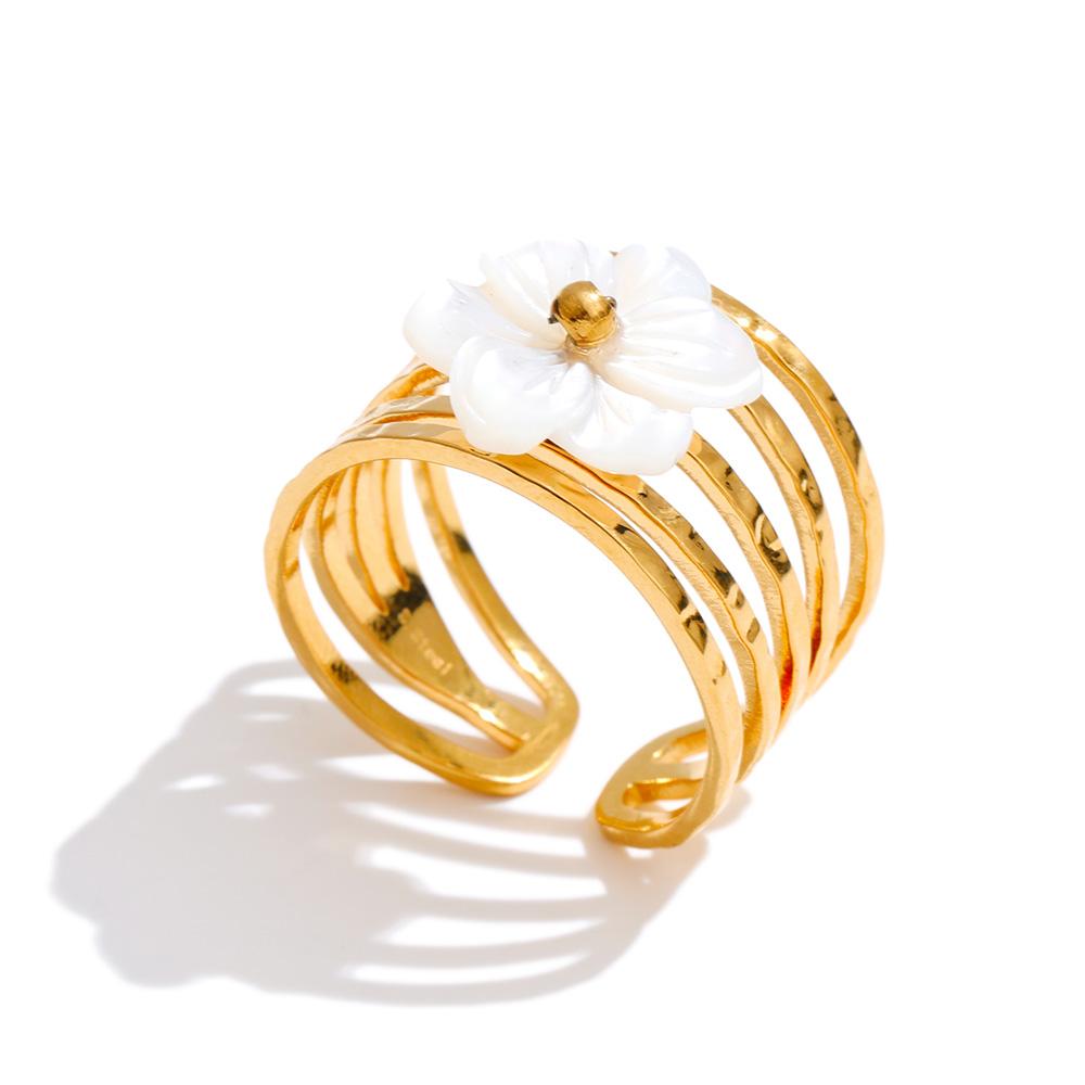 

Yhpup Stainless Steel Thicker Shell Flower Open Adjustable Ring for Women Non Tarnish Fashion 18K Gold Color Finger Jewelry resizable