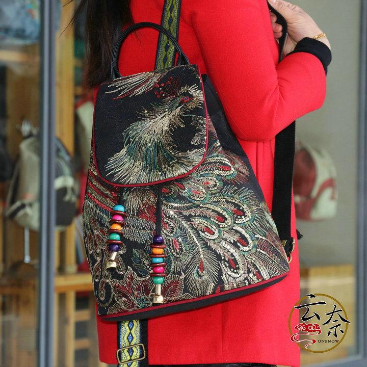Peacock Sequins Embroidered Women's Canvas Backpacks Ladies Floral Rucksacks Woman Small School Back Bag Bagpack 2025 Gift New