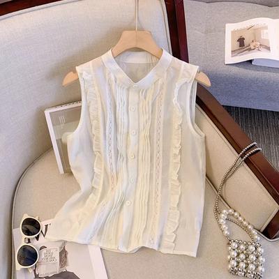 Women's White Sleeveless Blouse Ruffle Trim Lace Panel Button Front Loose Fit Casual Top