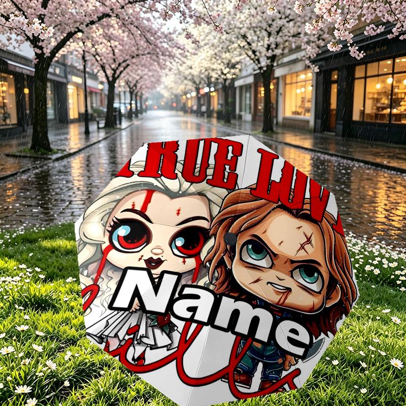 Custom Name Personalized Bride of Chucky Print Umbrella, Auto Open Close, 8‑Rib Sturdy Frame, Commute Camping Hiking Use, Birthday Gift