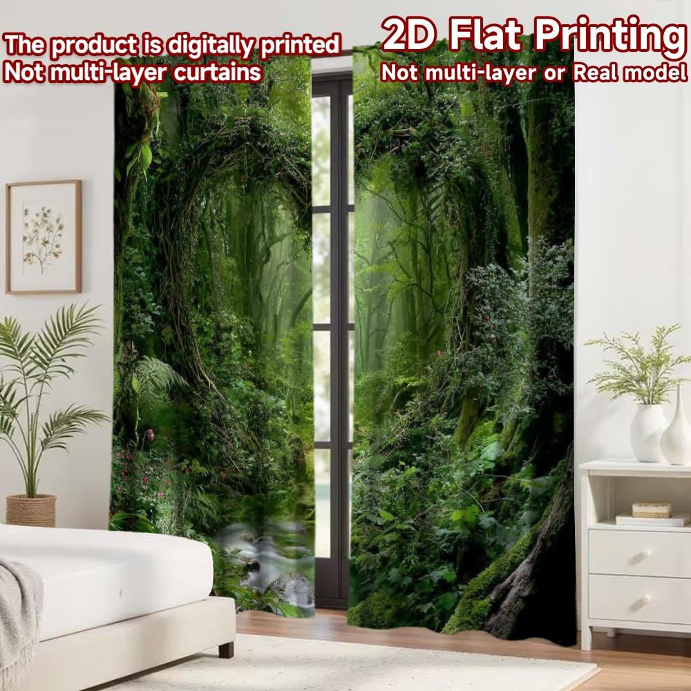 2D Flat Printing 2pcs Curtain Window Curtains Forest Heart Path Digital Printed Polyester Drapes Festive Curtains Perfect for