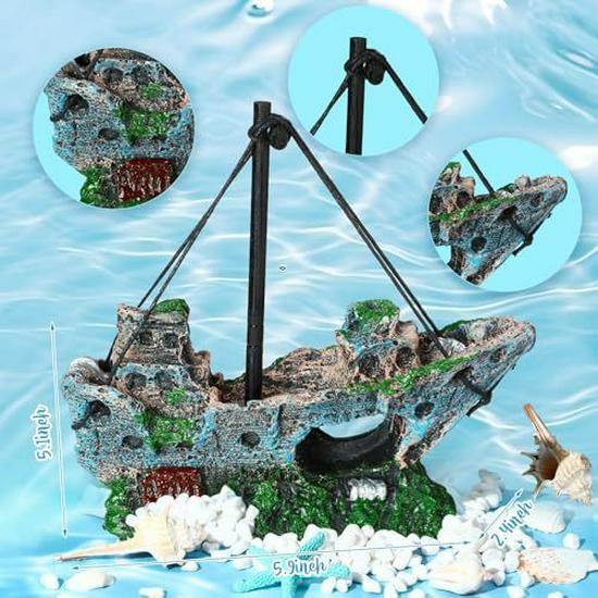 Reptile & Aquatic Decor Set: Resin Ship & Castle Ornaments with Simulated Plants