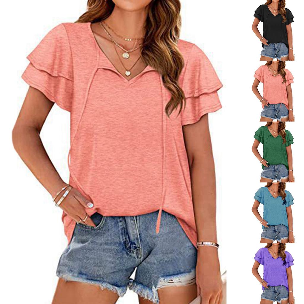 Women's V-Neck T-Shirt with Double Layer Sleeves and Tie Front, Casual Summer Blouse for Women, Loose Fit Short Sleeve Top