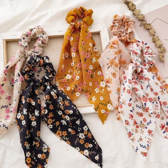 Women Hair Band Floral Printing High Elasticity Long Ribbon Hair Tie Ponytail Bun Half-Tied Hairstyles Chiffon Fabric Hair Accessory