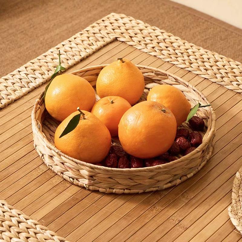 Panier en Osier Rotin Tressé à la Main Panier à Fruits Thé En-cas Pain Boîte de Rangement Ronde Cosmétique Plateau Jacinthe d'Eau Plat à Bijoux