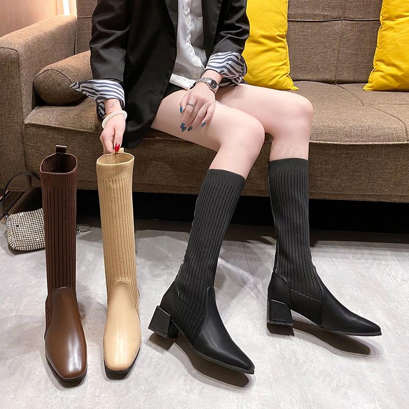 Damen Sockenstiefel Elastisch Dünn Lange Stiefel Retro Damen 2026 Herbst Winter Dicker Absatz Bequem Gestrickt Kniehohe Stiefel Damenschuhe