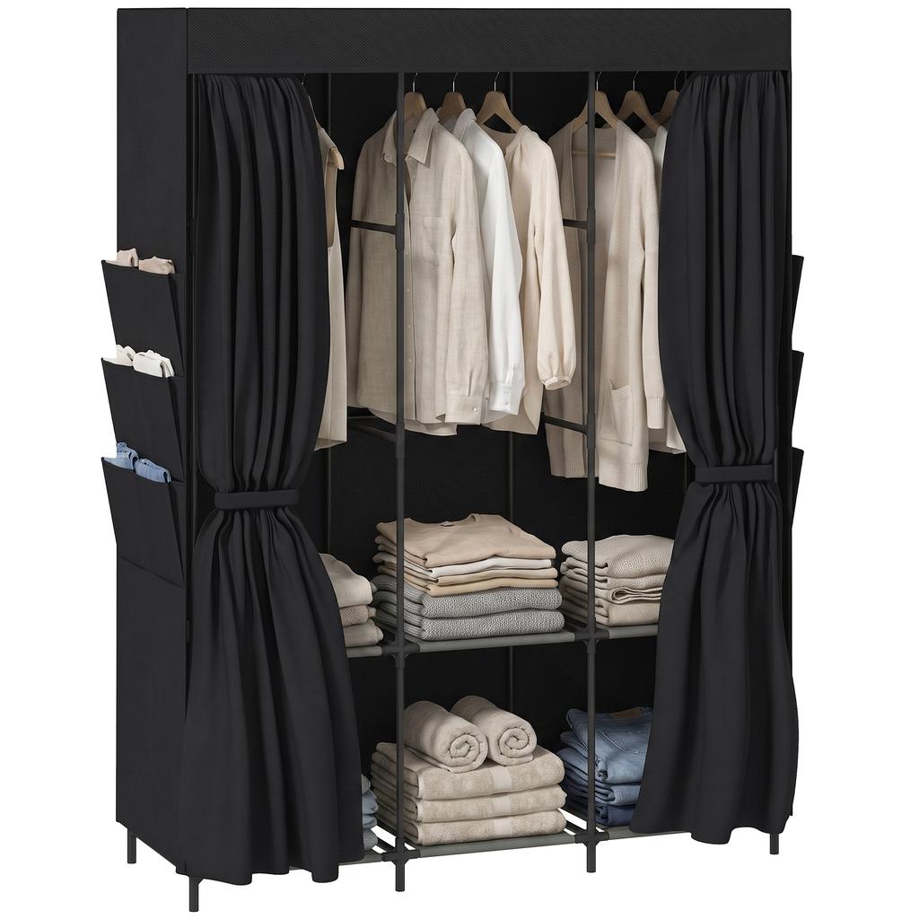 Space-saving Fabric Wardrobe with 3 Rods, 3 Shelves, 6 Side Pockets, Dust-Proof Doors with Zipper, Black