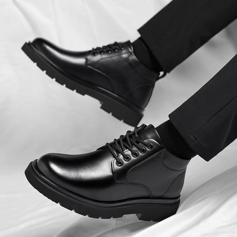 Martin Men's 2024 Black Leather Boots: Plus Velvet, Thickened, Height-Enhancing, Casual, Warm Work Boots for Autumn/Winter